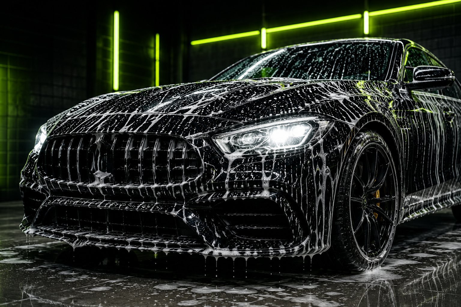 Carro coberto de espuma numa estética automotiva com iluminação neon verde